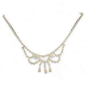 Vintage Rhinestone Necklace With Bow Design & Box Clasp 15"